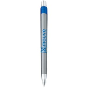A silver metal pen with a blue top and a logo on its barrel.