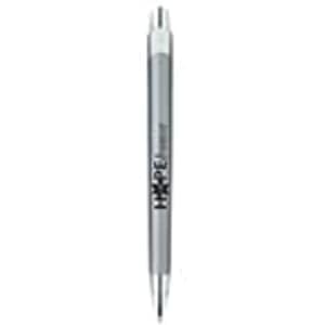 A sleek silver metal pen with a white tip and a logo. Ideal for personalised branding.