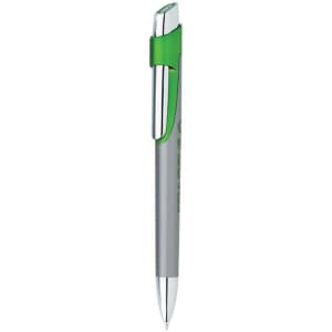 A metal pen in silver and green, featuring a sleek design and a clip. It has a small logo on the barrel.