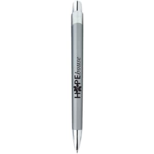 A sleek silver metal pen with a branding logo on the side, featuring a shiny chrome tip.