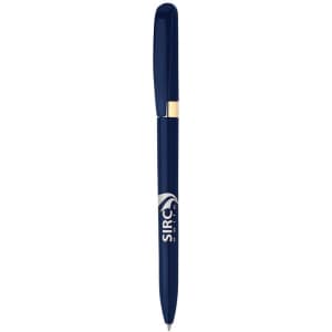 A navy metal pen with a gold accent and a logo on the body.