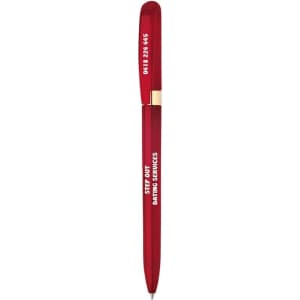 A red metal pen with a gold clip and branded text.