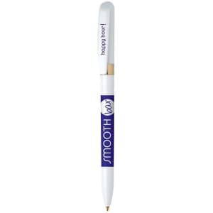 A white metal pen with a smooth finish and a branding logo on the side.
