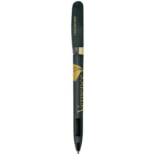 A green metal pen with a gold accents and branding, featuring a smooth design and a clip at the top.