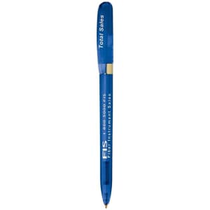 A blue metal pen with a transparent body and a gold clip. Features branding on the barrel.