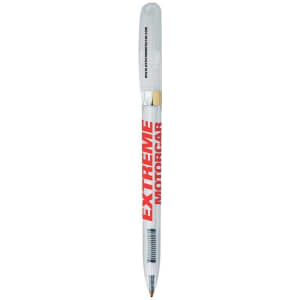 A clear metal pen with a gold tip and a transparent body, featuring a logo on the side.
