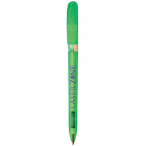 A green metal pen with a transparent barrel and a clip, featuring a logo on its side.