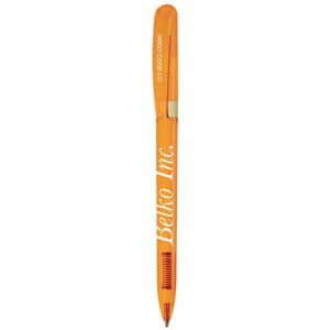 An orange metal pen with a silver clip and a branding logo on its side.