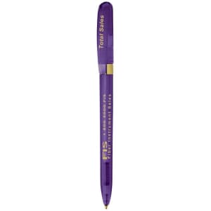 A purple metal pen with a transparent design and a gold clip, featuring a logo on the body.