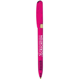 A metal pen in vibrant pink with a gold trim and a logo on the barrel.