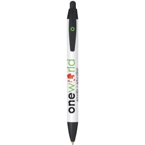 A white pen with black accents, featuring a branding logo along the barrel.