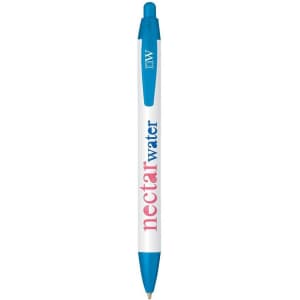 A blue and white pen with a logo and a click mechanism at the top.