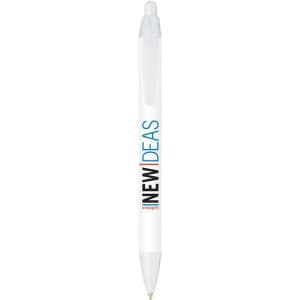 A white pen featuring a click mechanism, with a logo and text on its barrel.