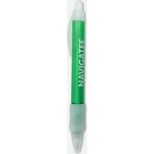 A green plastic pen with a clear tip and one visible branding logo.