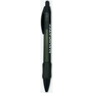 A plastic pen in dark green with a black grip and a logo on the side.