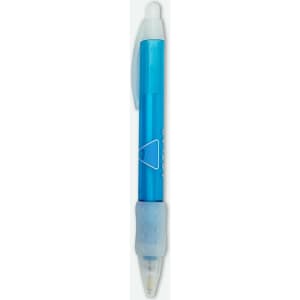 A blue plastic pen with a translucent barrel and a white grip, featuring a logo.