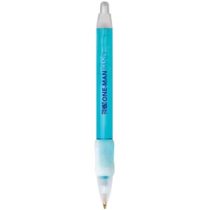 A widebody ice clear pen with a light blue barrel and grip, featuring a transparent top and a brand logo.