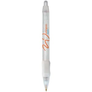 A clear plastic pen with white grip and accents, featuring a logo. The pen has a retractable tip and a fine point.