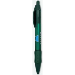 A green plastic pen with a clear barrel and a grip section, featuring a logo.