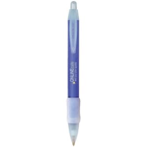 A blue plastic pen with a clear barrel and a grip, featuring branding on the side.