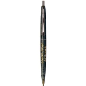 A green plastic pen with a click mechanism, featuring a logo on its barrel.
