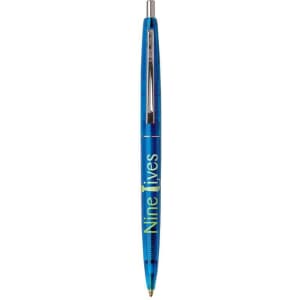A blue Eco Clear Clics pen with a transparent barrel and silver clip, featuring a logo.