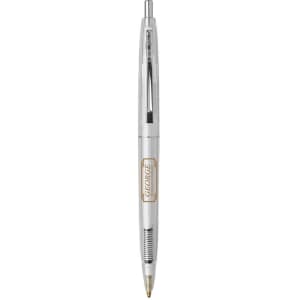 A clear plastic pen with a gold trim and a click mechanism, featuring a logo on the barrel.