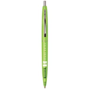 A bright green Eco Clear Clics Pen with a click mechanism and a branding logo on the side.