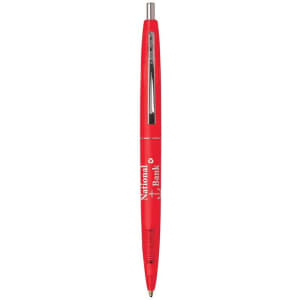 A red Eco Clear Clics pen with a transparent barrel and a logo on the side.