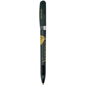 A green metal pen with a pointed tip and a logo on the barrel.