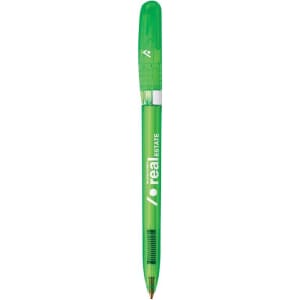A green pen featuring a transparent barrel and click mechanism, with a logo on the side.