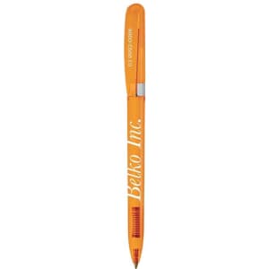 An orange metal pen with a silver clip and a logo printed on the body.