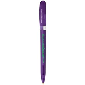 A purple metal pen with a transparent chrome barrel and a branding logo.