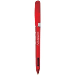 A red metal pen with a transparent chrome clip and a branded logo on the barrel.