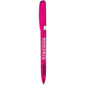 A bright pink metal pen with a sleek design, featuring a logo on the barrel.