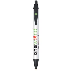 A plastic pen in white and black with a green accent, featuring a logo on its body.