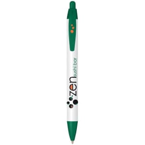 A plastic pen with a white body and green accents, featuring a logo on the barrel.