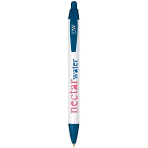 A blue and white Eco Widebody Pen with a logo, featuring a click top and a smooth barrel for writing.
