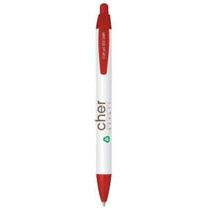 A red and white Eco Widebody Pen featuring a logo, designed for writing.