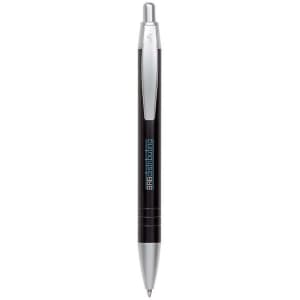 A metal pen with a black body and silver accents, featuring a logo on the side.