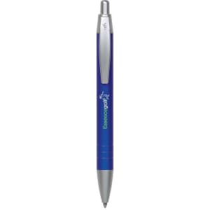 A metal pen in blue with a silver clip and tip, featuring a logo on its body.