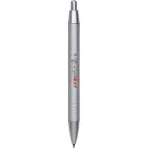 A silver metal pen featuring a logo, with a sleek design and a smooth click mechanism.