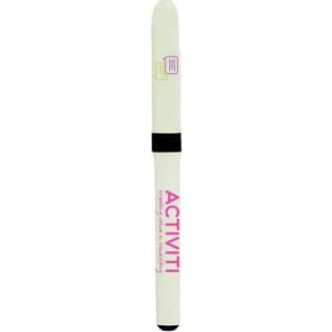 A white pen with a black grip and branding, designed for writing.