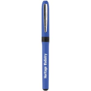 A blue pen with a silver clip and a logo on the side, designed for writing.