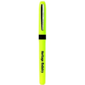A bright yellow pen with a sleek design, featuring a branding logo on its body.