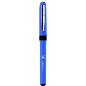 A blue roller pen with a sleek design and a black grip, featuring a logo on its body.