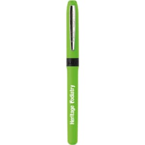 A green pen with a black grip and a silver nib, featuring branding on the barrel.