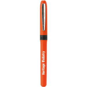 An orange pen with a sleek design and a black clip, featuring a brand logo.