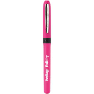 A pink pen with a sleek design and a logo. Features a stylish clip on the side.
