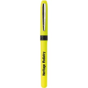 A bright yellow pen with a black grip and branding on the barrel, featuring a sleek silver clip.